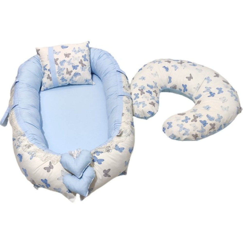 Bebek Atölyesi Babynest ve Emzirme Yastık Gri Mavi Kelebek Desen - Gri - Mavi Ana Kucağı Fiyatı