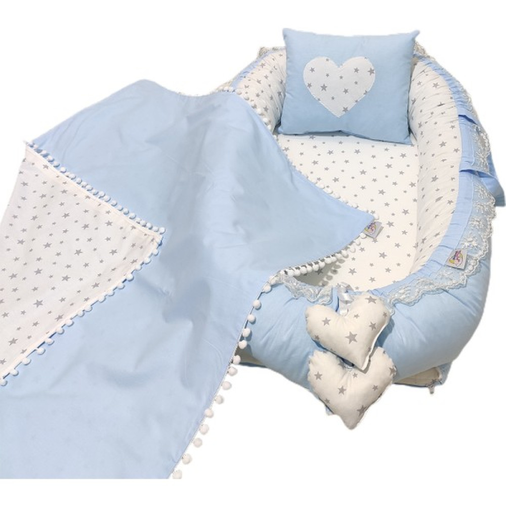 Bebek Atölyesi Babynest ve Ponpon Battaniye Mavi Gri Yıldız Desen - Mavi - Beyaz Ana Kucağı Fiyatı
