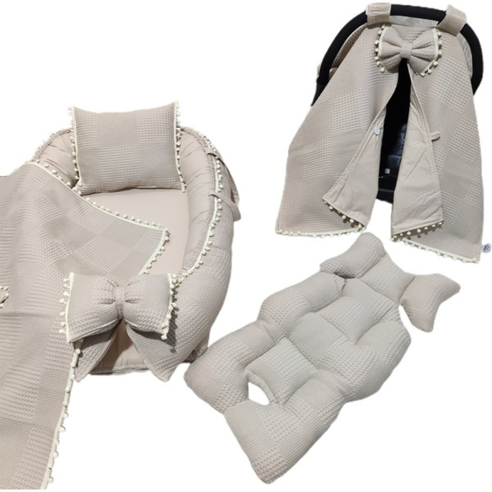 Bebek Atölyesi Bebekatölyesi Babynest 5 Parça Set Petek Pike Desen Açık Kahvrengi - Kahverengi - Krem Ana Kucağı Fiyatı
