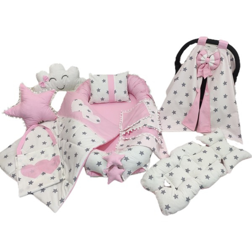 Bebek Atölyesi Bebekatölyesi Babynest Pembe Gri Yıldız desen 9 Parça Set - Pembe - Beyaz Ana Kucağı Fiyatı