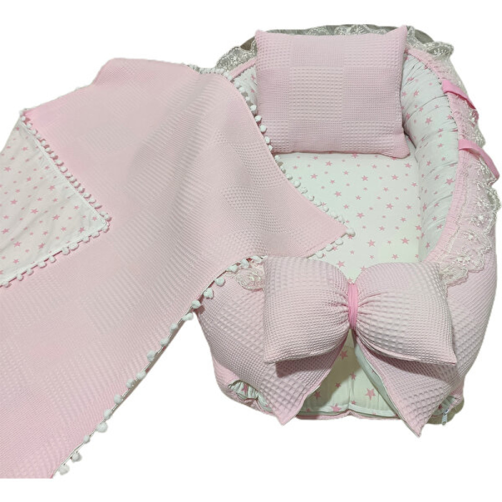 Bebek Atölyesi Bebekatölyesi Babynest ve Battaniye Petek Pike Kumaş Pembe Yıldız Desen Ana Kucağı Fiyatı