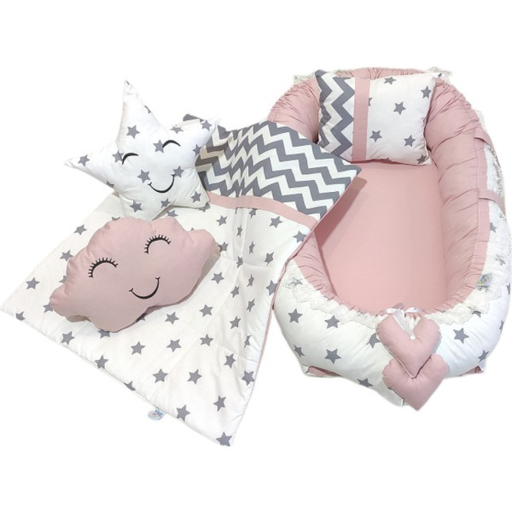 Bebek Atölyesi Pudra Beyaz Yıldız Desenli 5 Parça Babynest Set - Renkli Ana Kucağı ve Oto Koltuğu Fiyatı