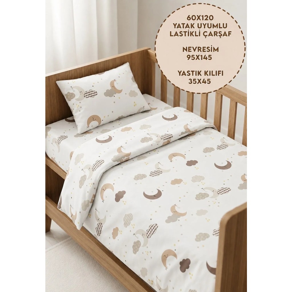 Bebek Nevresim - 60 x 120 cm - Beyaz - Kahverengi Diğer Fiyatı
