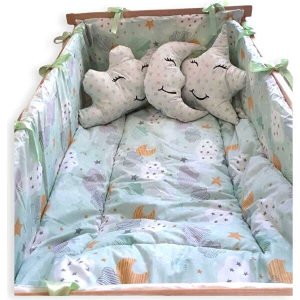 Bebek Özel Bebek Beşik Uyku Seti (9 Parça) Yeşil Bulutlu/yıldızlı - 50 x 90 cm Bebek Uyku Seti Fiyatı