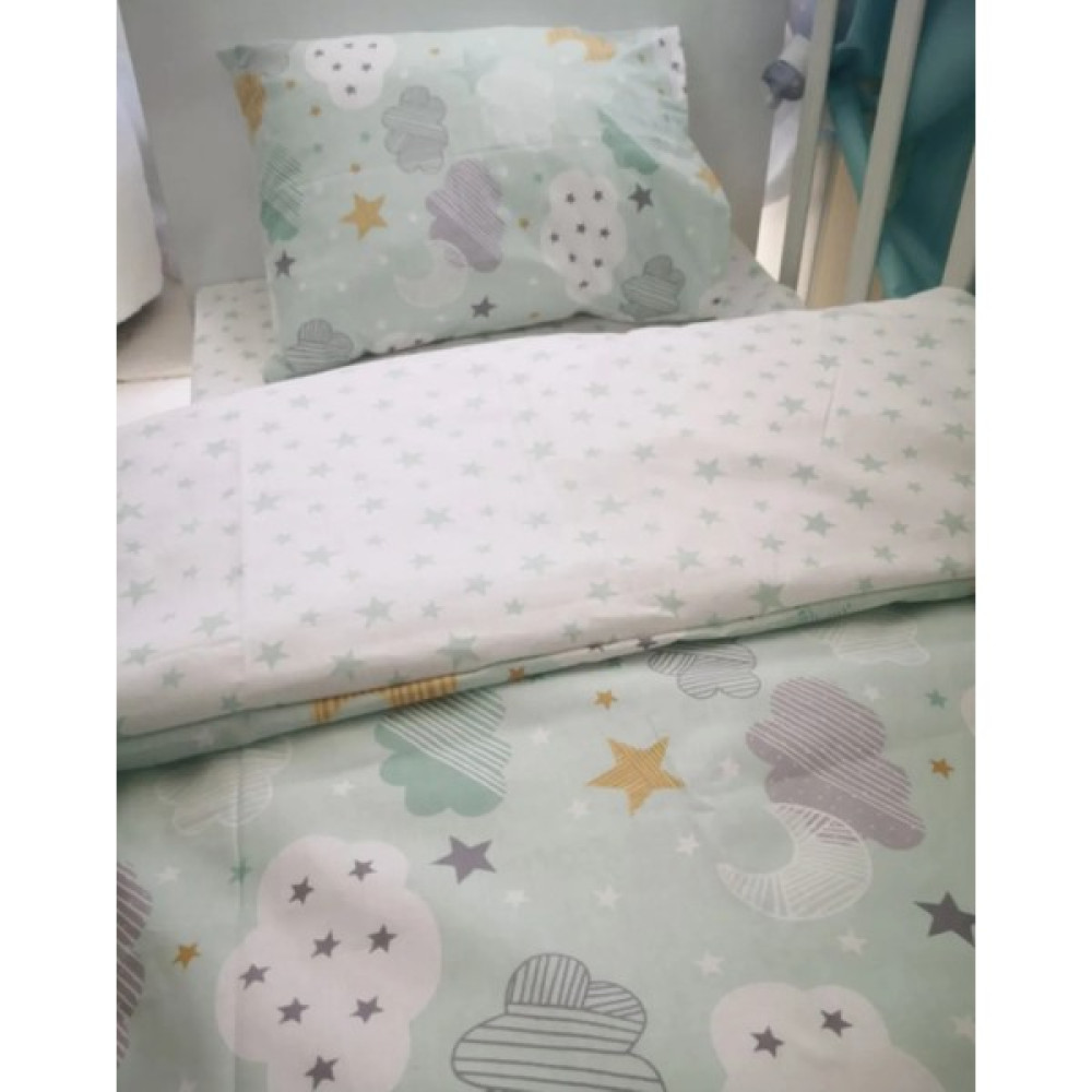 Bebek Özel Pamuk Bebek/Çocuk Yastık Çarşaf Yorgan Seti Yeşil Bulutlu/ Yeşil Yıldızlı - Renkli - 60 x 120 cm Bebek Uyku Seti Fiyatı
