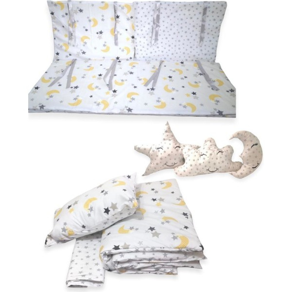Bebek Özel Pamuklu Park Beşik Bebek Uyku Seti 9 Parça (Sarı Hilal/gri Yıldızlı) - 70 x 110 cm - Renkli Bebek Uyku Seti Fiyatı
