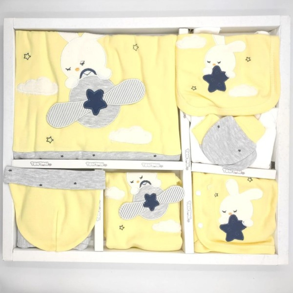 Bebek Star Erkek Bebek Tavşan Desenli Sarı-Gri 10'lu Hastane Çıkışı Seti Bebek Hastane Çıkışı Fiyatı