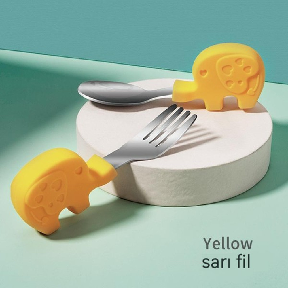 Bebek Yeme Kısa Saplı Çocuk Paslanmaz Çelik Çatal Kaşık (Yurt Dışından) - Sarı Mama Seti Fiyatı