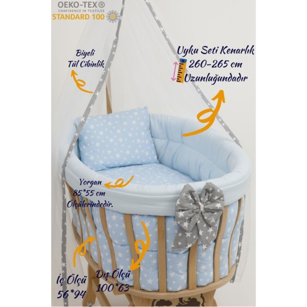 Bebekonfor Sepet Beşik İçin Mavi Gri Yildizli Kıvırmalı Bebek Uyku Seti 50*90 - 50 x 90 cm Bebek Uyku Seti Fiyatı