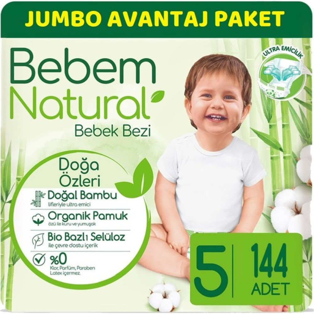Bebem Bebek Bezi Natural Jumbo Avantaj Pk Beden:5 (11-18KG) Junior 144 Lü - 5 Bebek Bezi Fiyatı