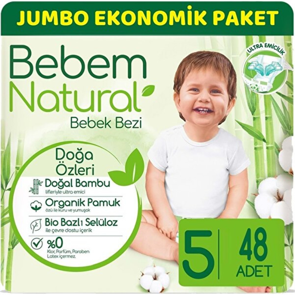 Bebem Bebek Bezi Natural Jumbo Ekonomik Pk Beden: 5 (11-18 Kg) Junior 48'li - 48 - 5 Beden (11 - 18 kg) Bebek Bezi Fiyatı