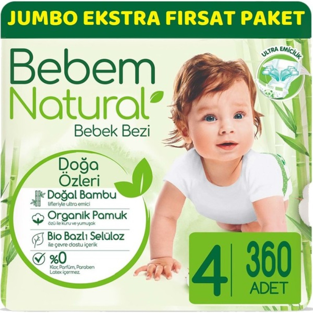 Bebem Bebek Bezi Natural Jumbo Ekstra Fırsat Pk Beden:4 (7-14KG) Maxi 360 Lı - 4 Bebek Bezi Fiyatı