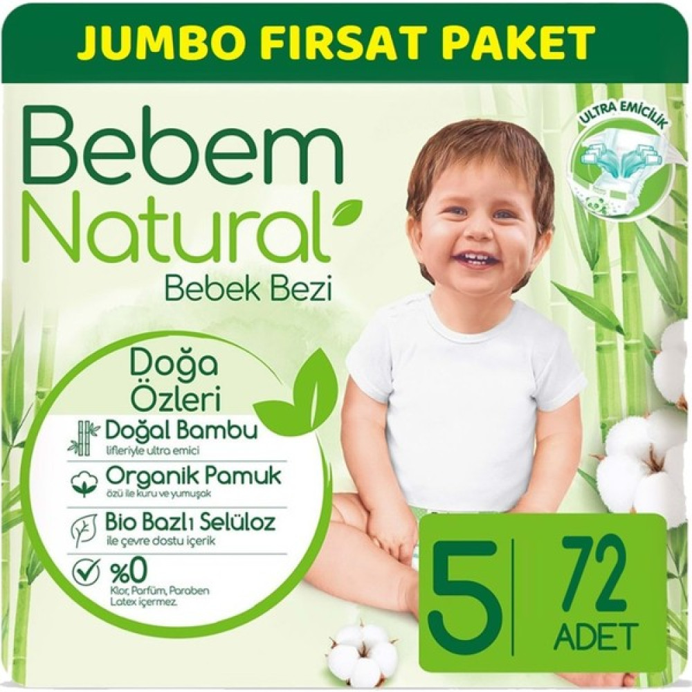 Bebem Bebek Bezi Natural Jumbo Fırsat Pk Beden:5 (11-18KG) Junior 72'li - 72 - 5 Beden (11 - 18 kg) Bebek Bezi Fiyatı