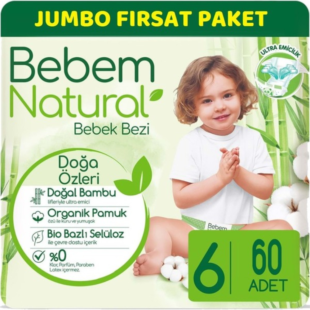 Bebem Bebek Bezi Natural Jumbo Fırsat Pk Beden:6 (15+Kg) Ekstra Large 60 Adet - 6 Bebek Bezi Fiyatı