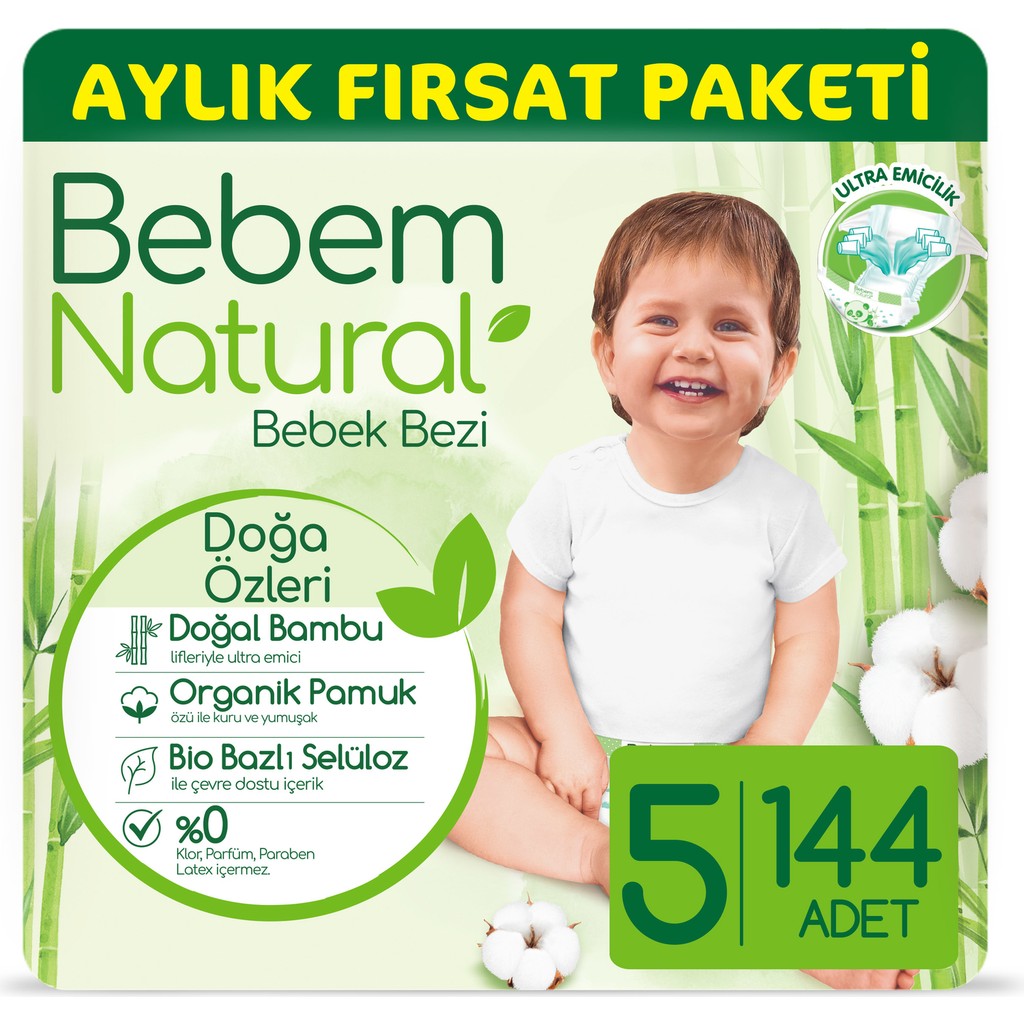 Bebem Natural 5 Beden Bantlı Bebek Bezi 11 - 18 kg Aylık Fırsat Paketi 144 Adet Ekstra Yumuşak Bebek Bezi Fiyatı