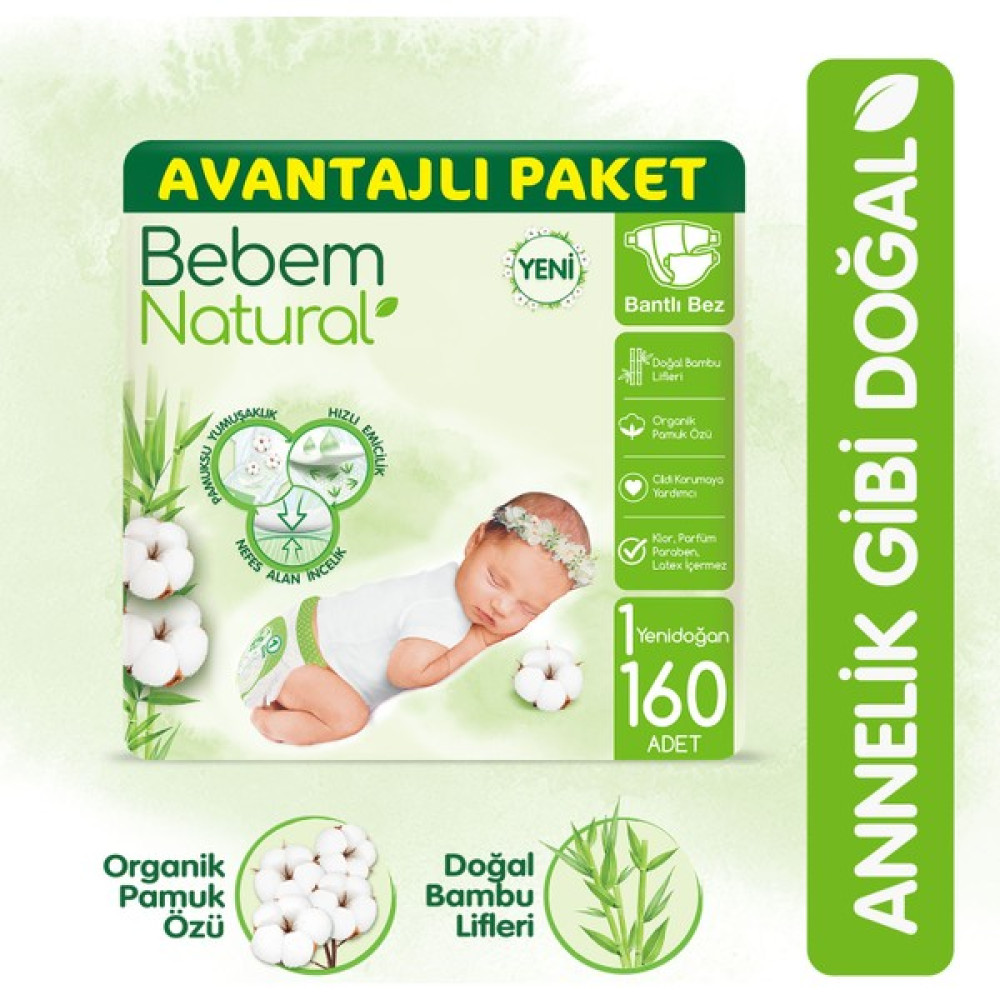 Bebem Natural Bebek Bezi 1 Beden Yenidoğan Avantajlı Paket 160 Adet Bebek Bezi Fiyatı
