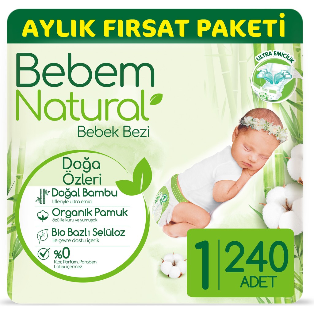 Bebem Natural Bebek Bezi 1 Beden Yenidoğan Aylık Fırsat Paketi 240 Adet Bebek Bezi Fiyatı