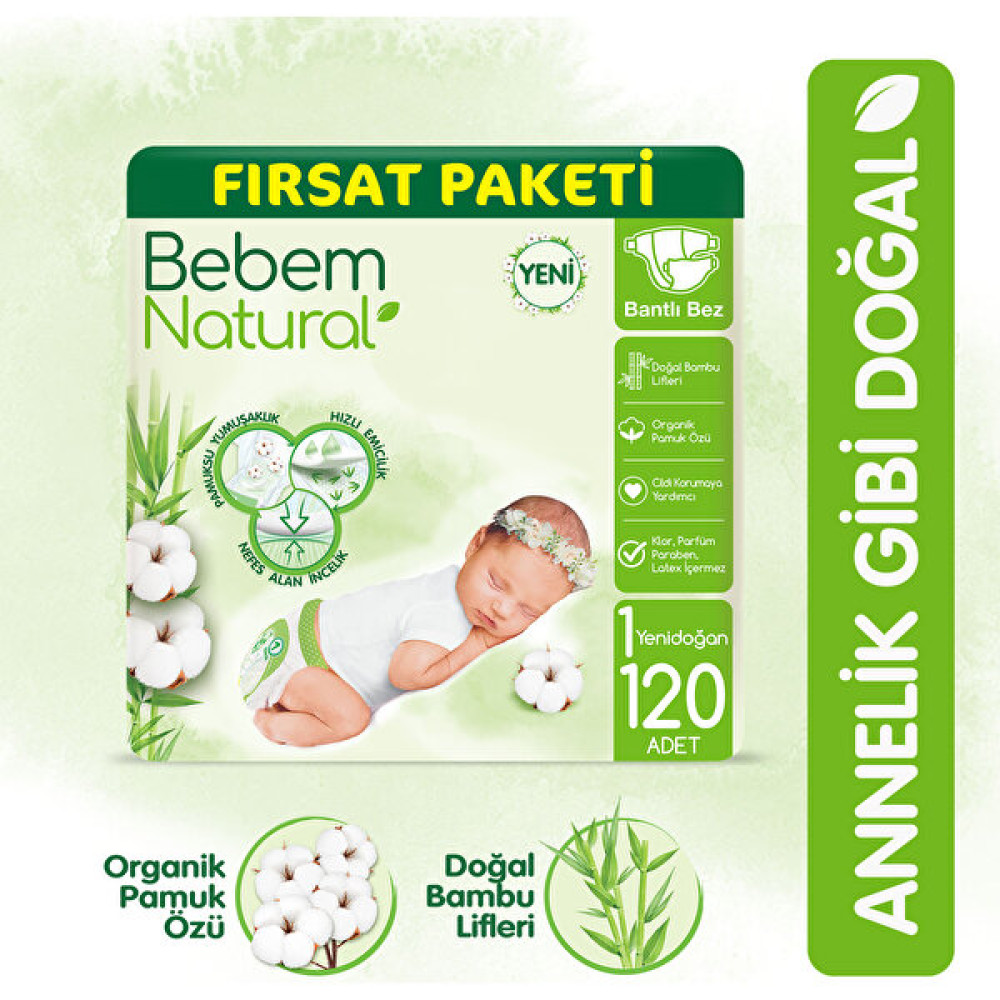 Bebem Natural Bebek Bezi 1 Beden Yenidoğan Fırsat Paketi 120 Adet Bebek Bezi Fiyatı