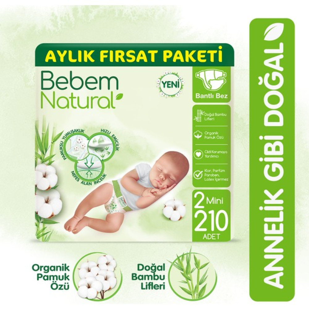Bebem Natural Bebek Bezi 2 Beden Mini Aylık Fırsat Paketi 210 Adet Bebek Bezi Fiyatı