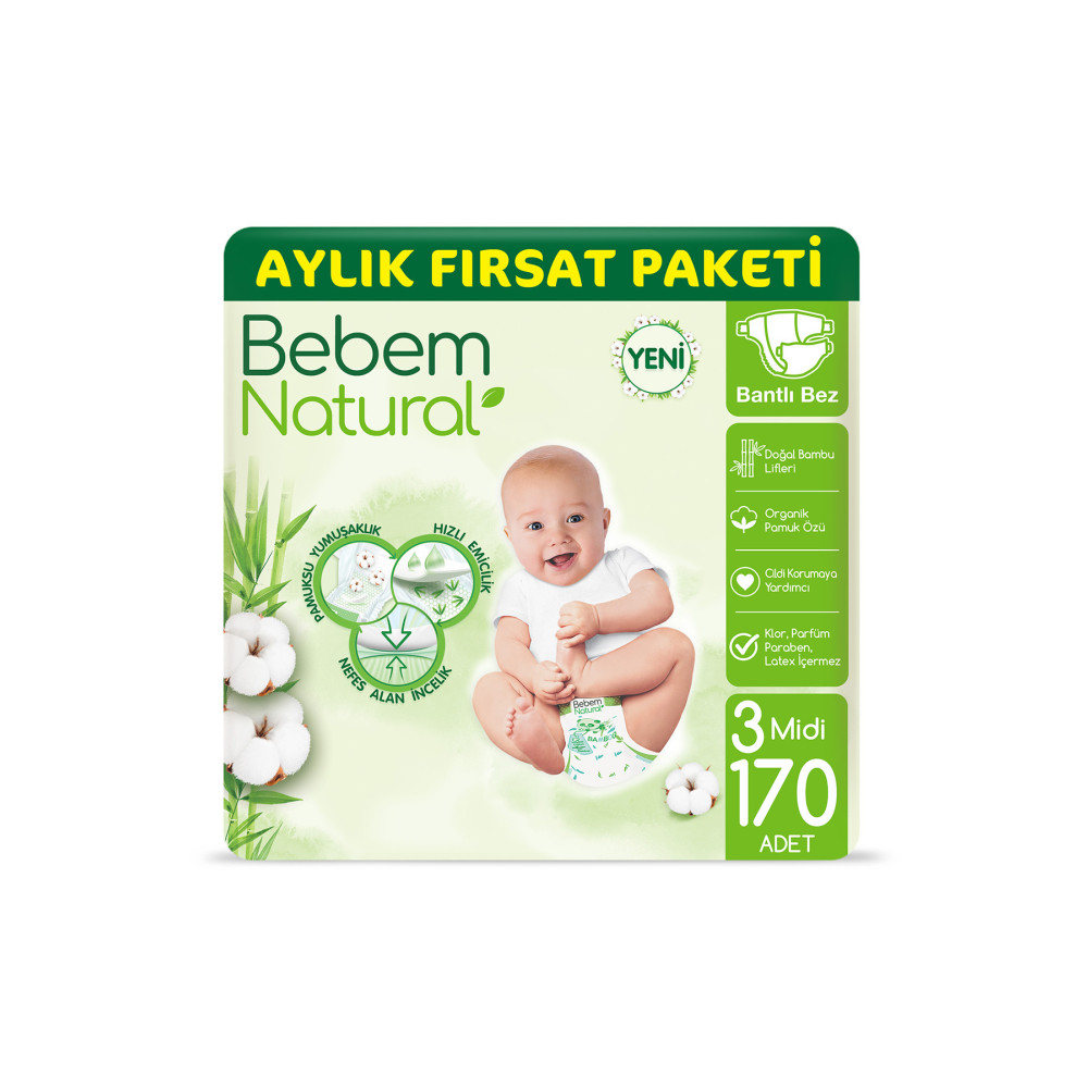 Bebem Natural Bebek Bezi 3 Beden Midi Aylık Fırsat Paketi 170 Adet Bebek Bezi Fiyatı