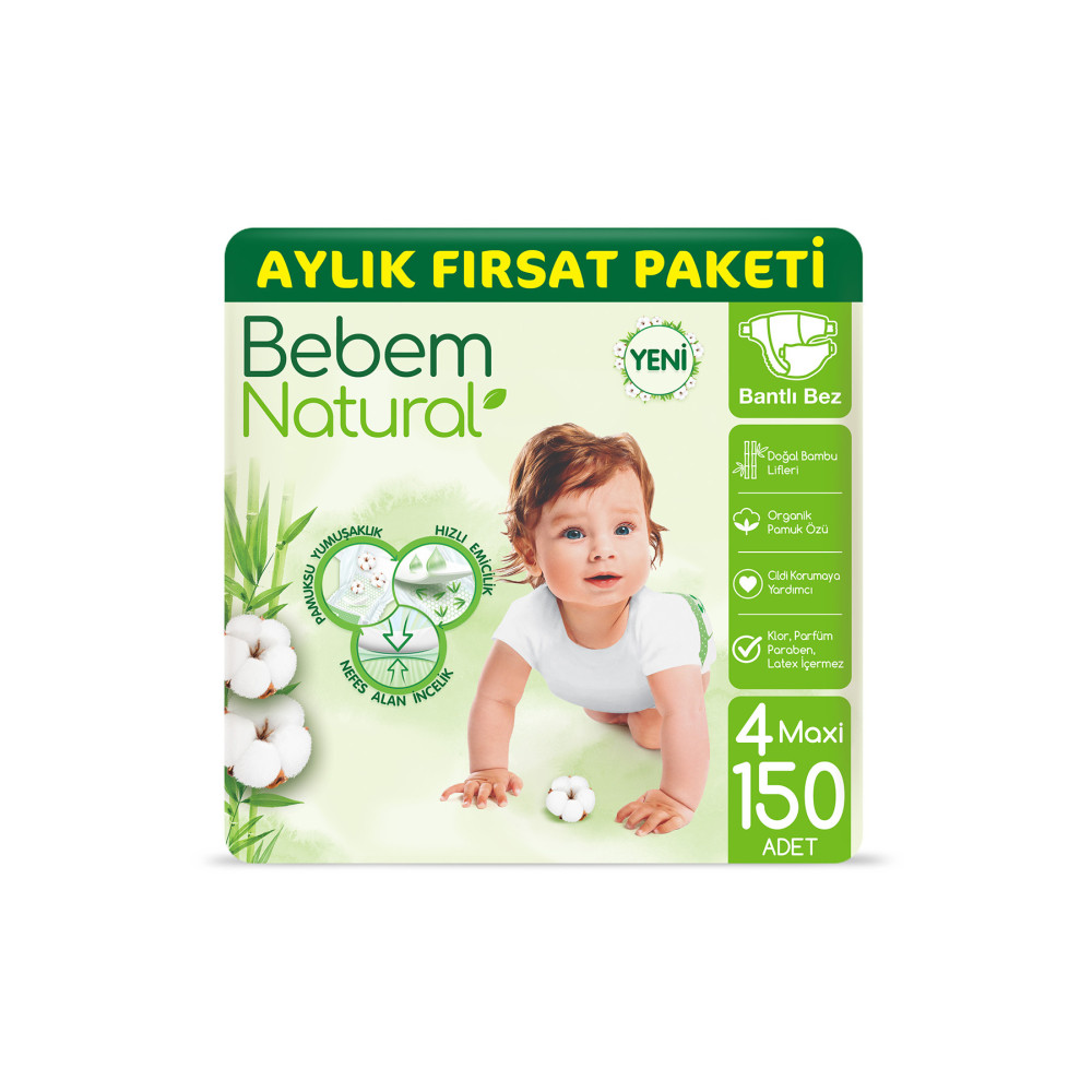 Bebem Natural Bebek Bezi 4 Beden Maxi Aylık Fırsat Paketi 150 Adet Bebek Bezi Fiyatı