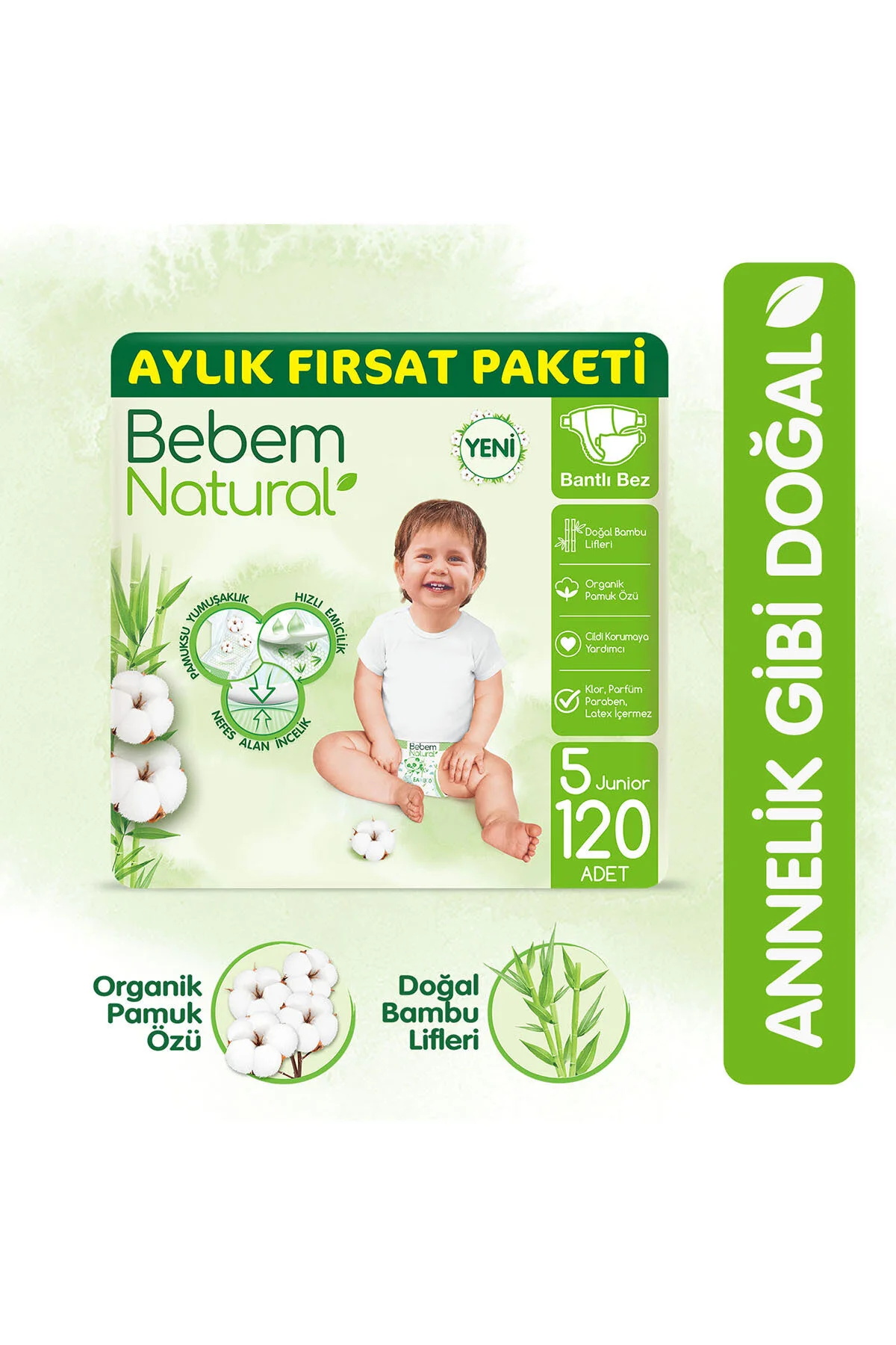 Bebem Natural Bebek Bezi 5 Beden Junior Aylık Fırsat Paketi 120 Adet" Bebek Bezi Fiyatı