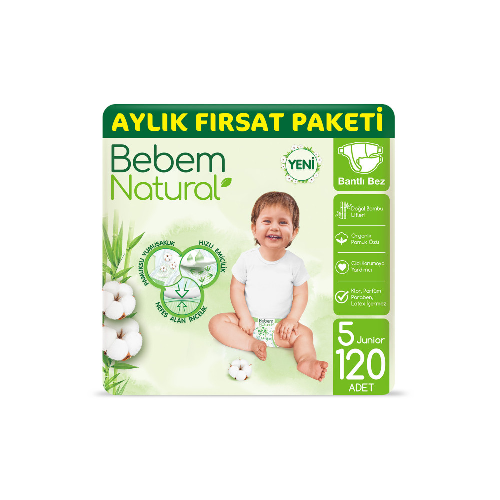 Bebem Natural Bebek Bezi 5 Beden Junior Aylık Fırsat Paketi 120 Adet Bebek Bezi Fiyatı