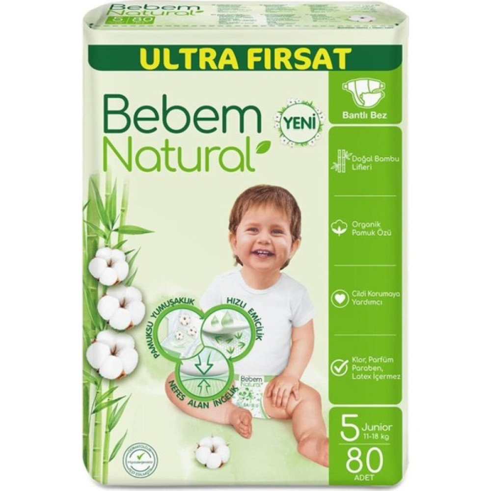 Bebem Natural Bebek Bezi 5 Beden Junıor Aylık Ultra 160 (80X2) Adet Bebek Bezi Fiyatı