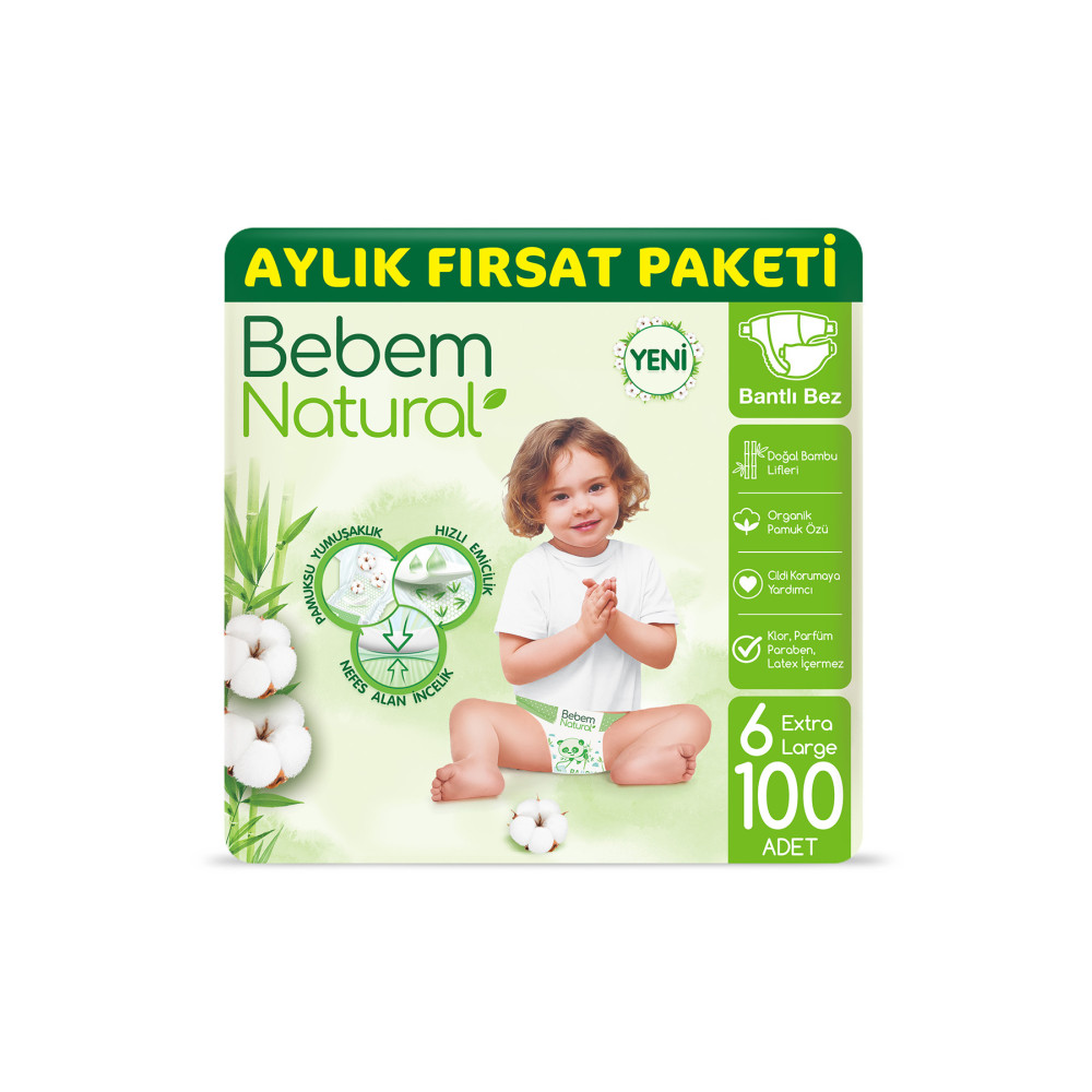 Bebem Natural Bebek Bezi 6 Beden Ekstra Large Aylık Fırsat Paketi 100 Adet Bebek Bezi Fiyatı