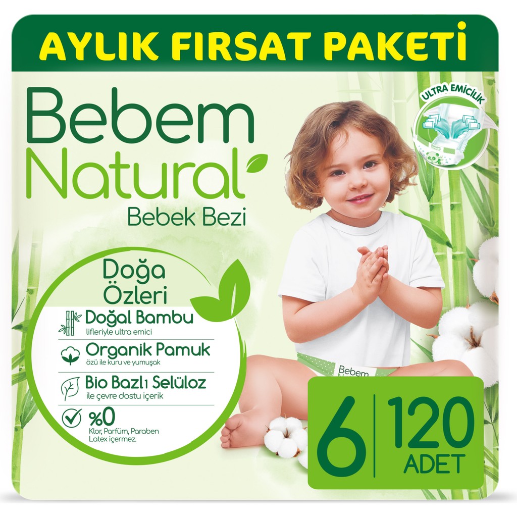 Bebem Natural Bebek Bezi 6 Beden E.large Aylık Fırsat Paketi 120 Adet Bebek Bezi Fiyatı