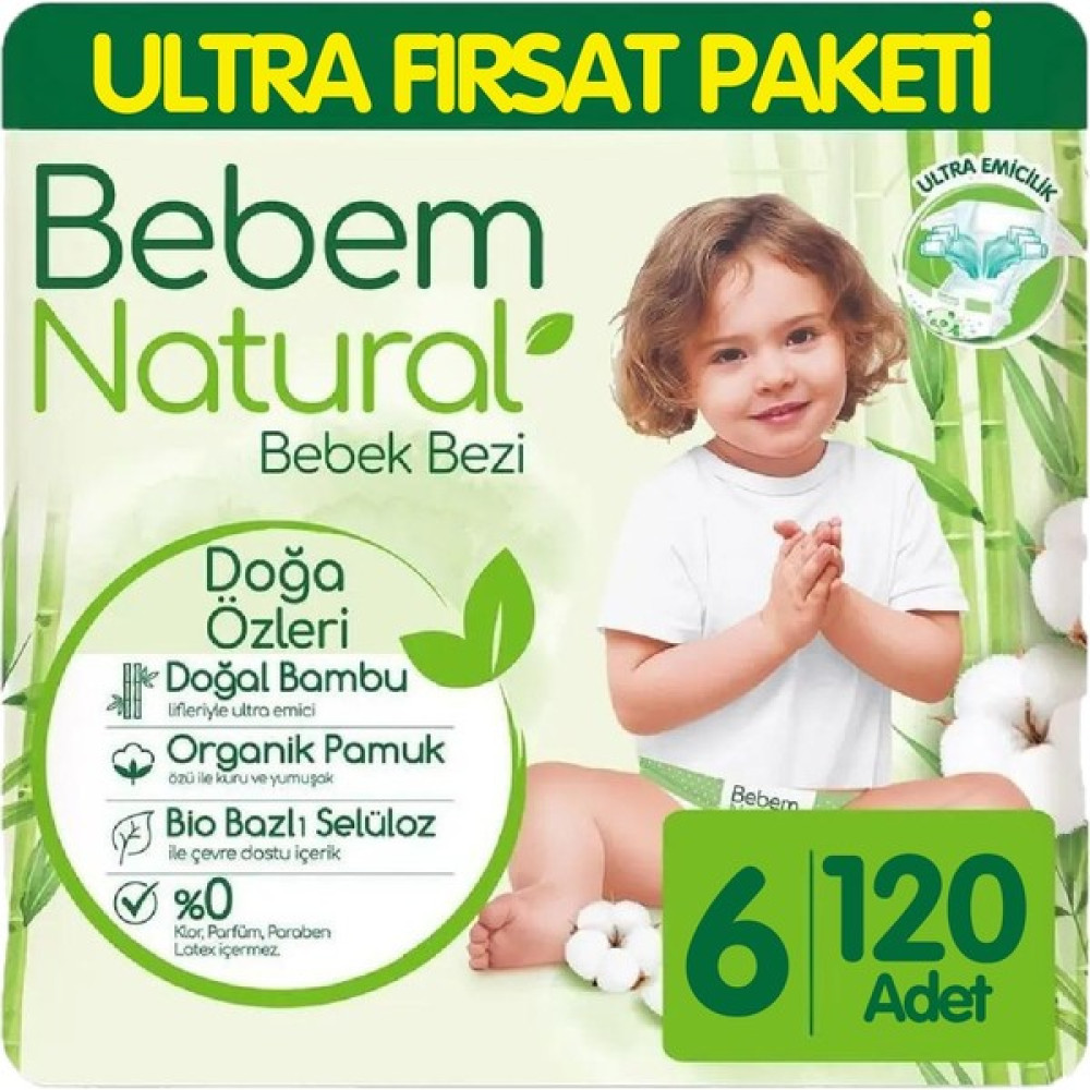 Bebem Natural Bebek Bezi Ultra Fırsat Paketi 6 Beden 60X2 120 Adet - 60 Bebek Bezi Fiyatı