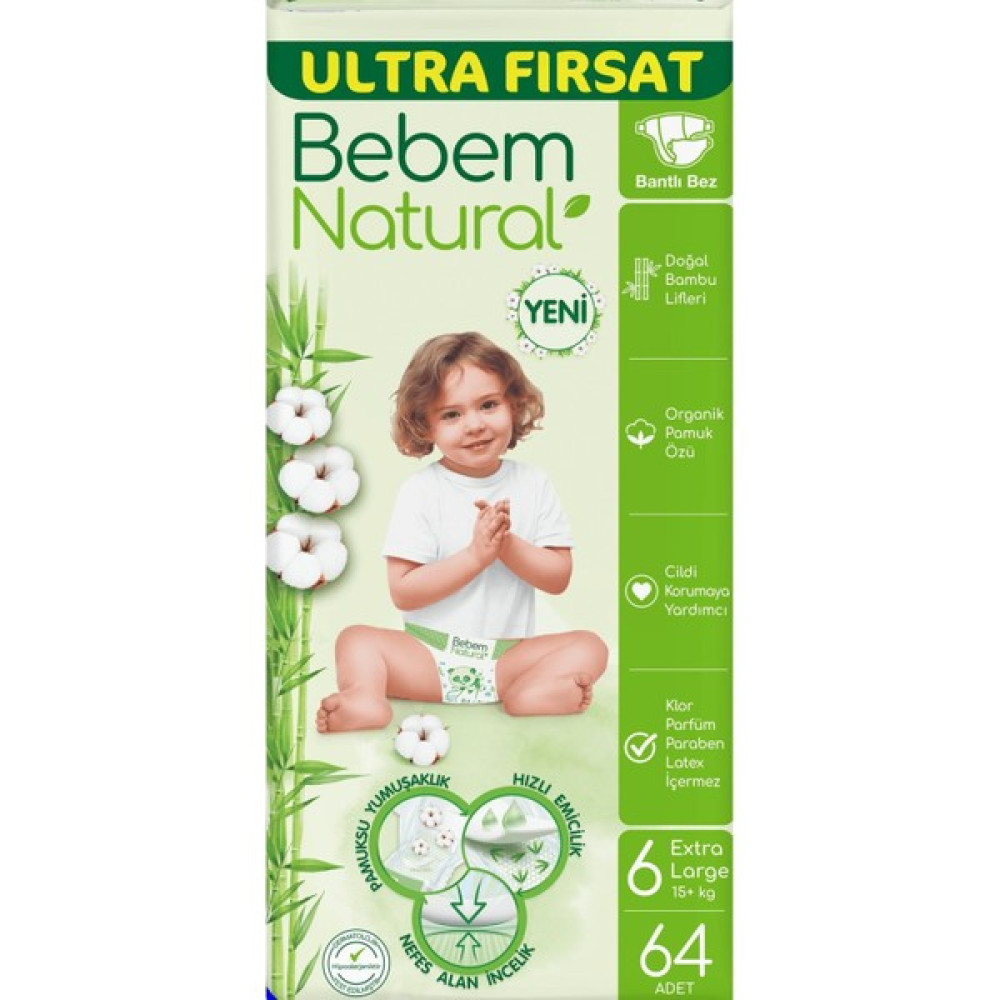 Bebem Natural Bebek Bezi Ultra Fırsat Paketi Extra Large 6 No 64 Lü - XL Bebek Bezi Fiyatı