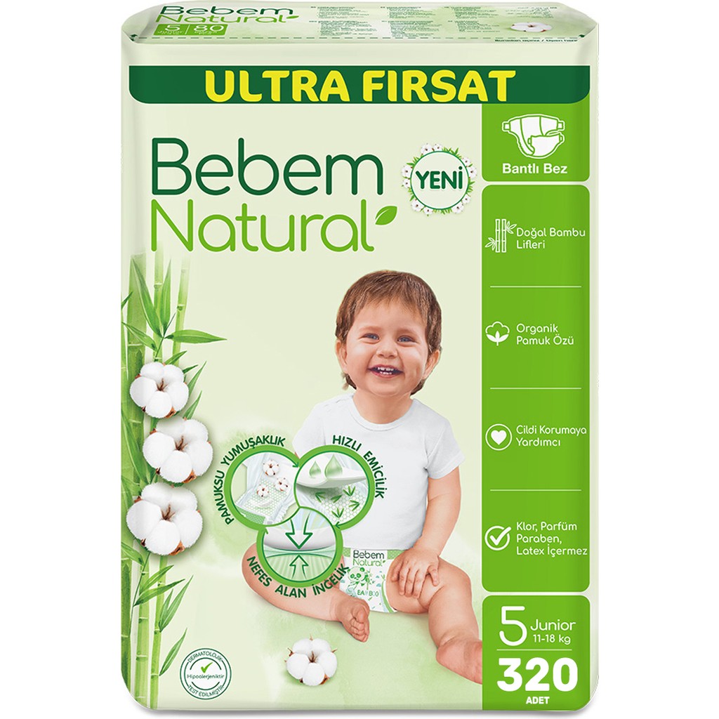 Bebem Natural Bebek Bezi Ultra Fırsat Paketi Maxi 5 Numara 320 Adet (80 x 4 Paket) - 80 Bebek Bezi Fiyatı