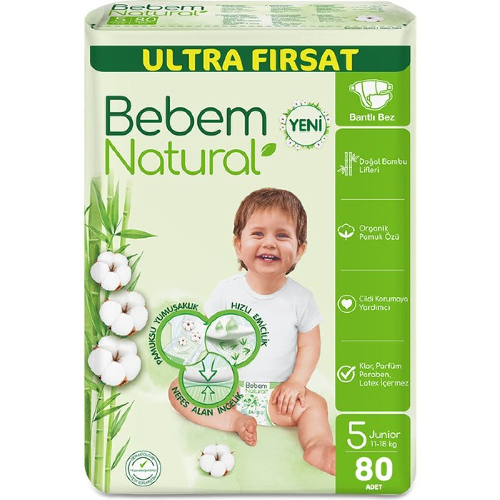 Bebem Natural Bebek Bezi Ultra Fırsat Paketi Maxi 5 Numara 80 Adet (80 x 1 Paket) Bebek Bezi Fiyatı