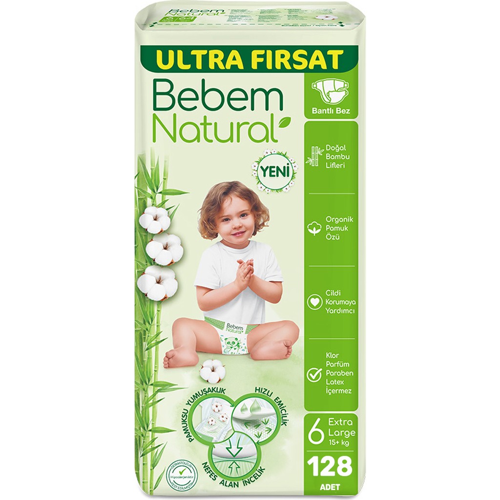 Bebem Natural Bebek Bezi Ultra Fırsat Paketi Maxi 6 Numara 128 Adet (64 x 2 Paket) - 64 Adet Bebek Bezi Fiyatı