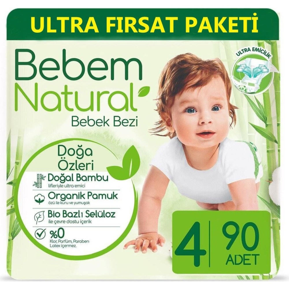 Bebem Natural Bebek Bezi Ultra Paket(4 No) 90'lı - 4 Bebek Bezi Fiyatı