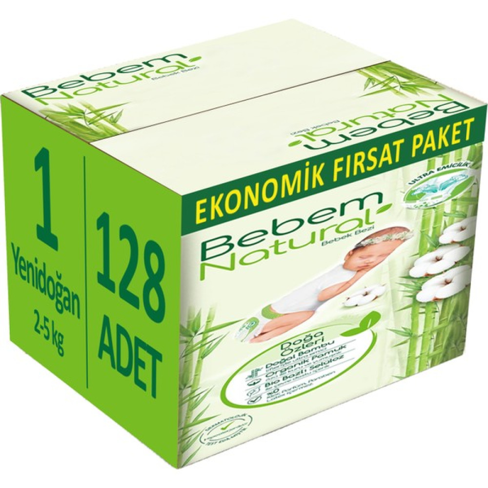 Bebem Natural Bebem Bebek Bezi Natural Beden:1 (2-5kg) Yenidoğan 128 Adet Ekonomik Fırsat Pk Bebek Bezi Fiyatı