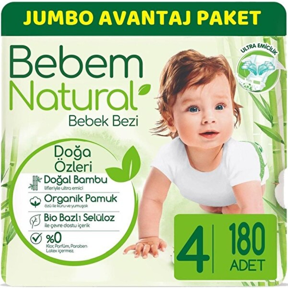 Bebem Natural Maxi 4 Beden (7-14 kg) Jumbo Paket 180'LI - 4 Beden (7 - 14 kg) Bebek Bezi Fiyatı