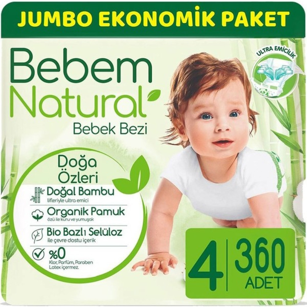 Bebem Natural Maxi 4 Beden (7-14 kg) Jumbo Paket 360'LI - 4 Beden (7 - 14 kg) Bebek Bezi Fiyatı