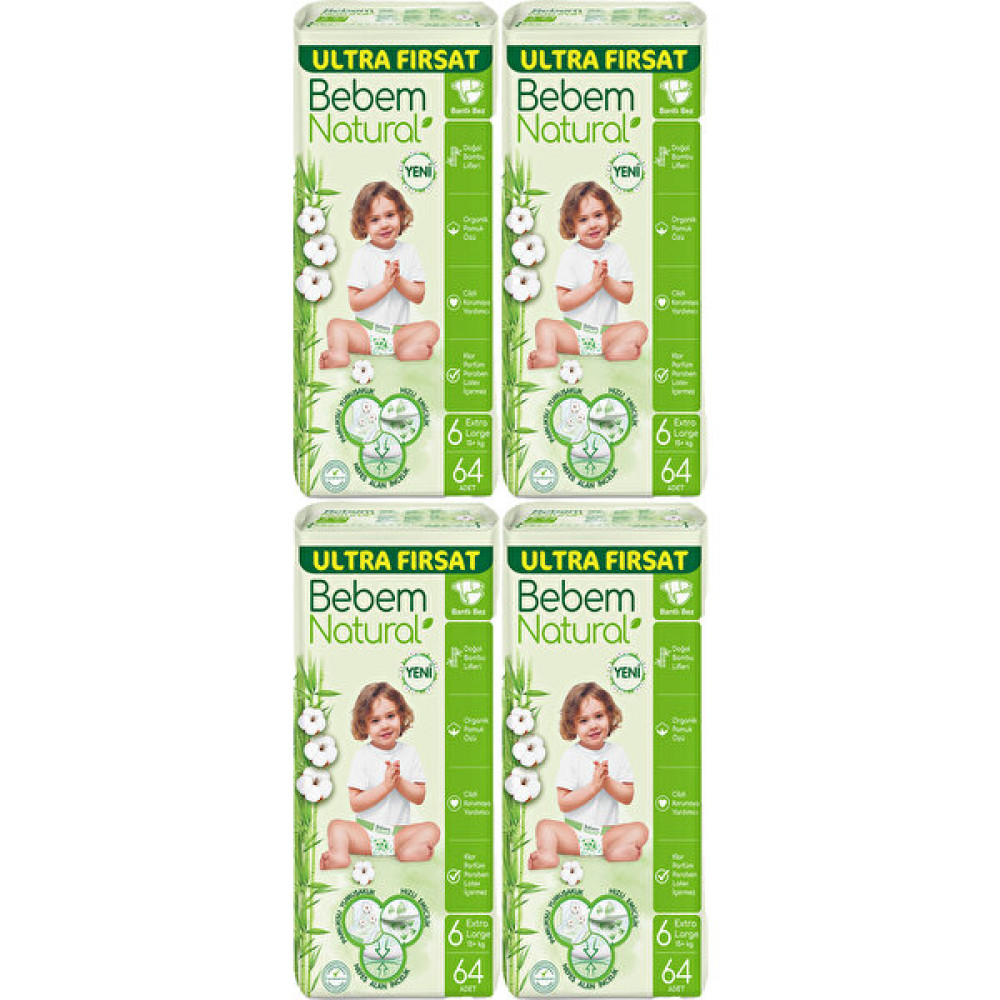 Bebem Natural Ultra Fırsat Bebek Bezi 6 Numara Extra Large 15+ kg 4 Paket 256 Adet Bez Bebek Bezi Fiyatı