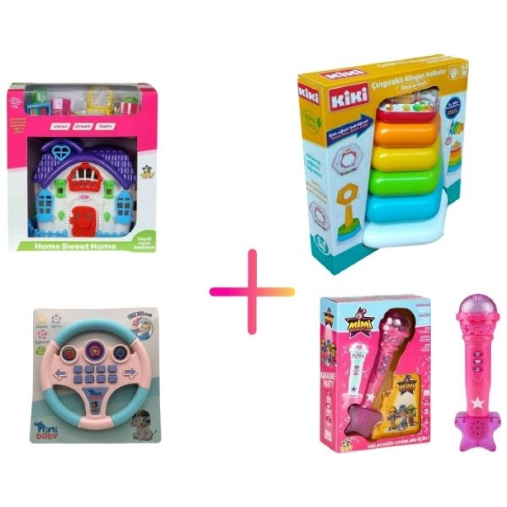 Bebemin Dünyası Eğitici 4'lü Set (Eğitici Direksiyon + Çıngıraklı Altıgen Halkalar + Mikrofon + Mini Ev) - Renkli Eğitici Oyuncak Fiyatı
