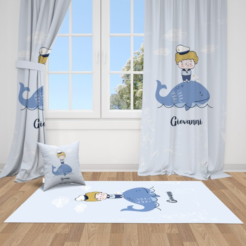 Bebemotto Balina ve Çocuk, Ithal Kumaş, Çocuk ve Bebek Odası Fon Perde - 1 Kanat - Renkli - 135 x 250 cm Fon Perde Fiyatı