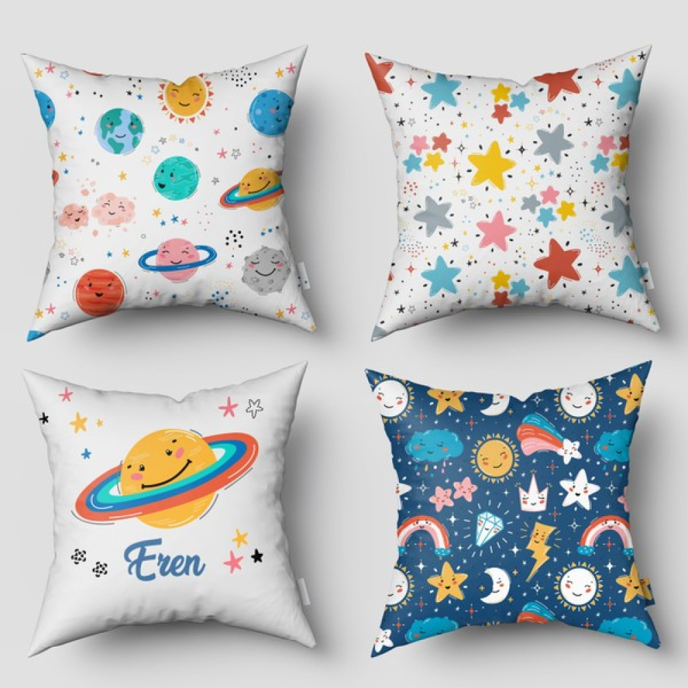 Bebemotto Renkli Gezegenler, 4'lü Set, Çift Taraflı, Ithal Kadife Kumaş, Çocuk Bebek Odası Kırlent Kılıfı - 45 x 45 cm Kırlent / Mobilya Yastığı Fiyatı