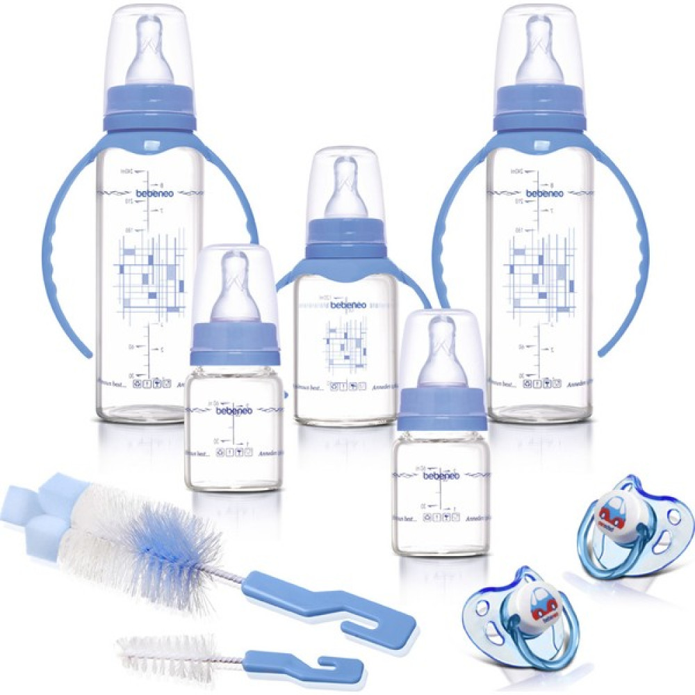 Bebeneo Cam Biberon Seti - Isıya Dayanıklı Isıcam 5 Adet Biberon, Fırça, Emzik lik Bebek Seti - 240 ml - Mavi Biberon Fiyatı