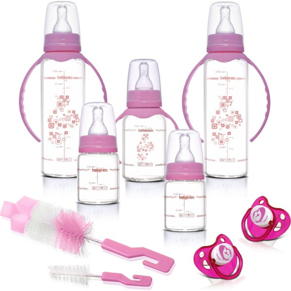 Bebeneo Cam Biberon Seti - Isıya Dayanıklı Isıcam 5 Adet Biberon, Fırça, Emzik lik Bebek Seti - 240 ml - Pembe Biberon Fiyatı