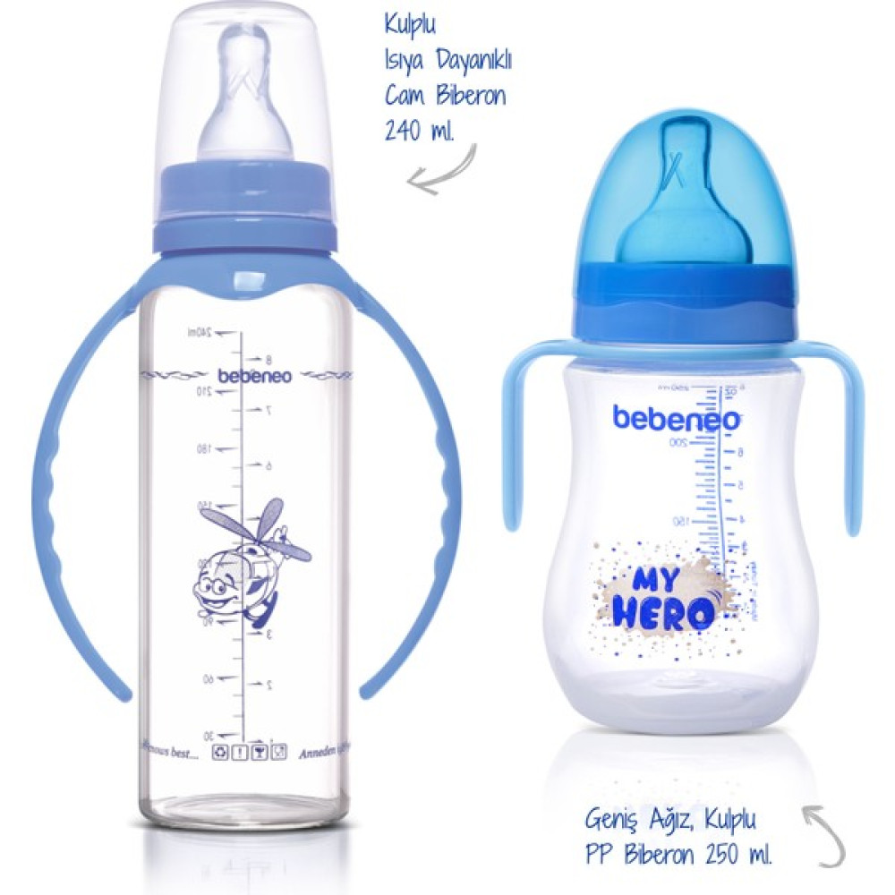 Bebeneo Isıcam Kulplu Biberon 240 ml & Geniş Ağız Kulplu Pp Biberon 250 ml Ikili Ekonomik Biberon Seti Biberon Fiyatı