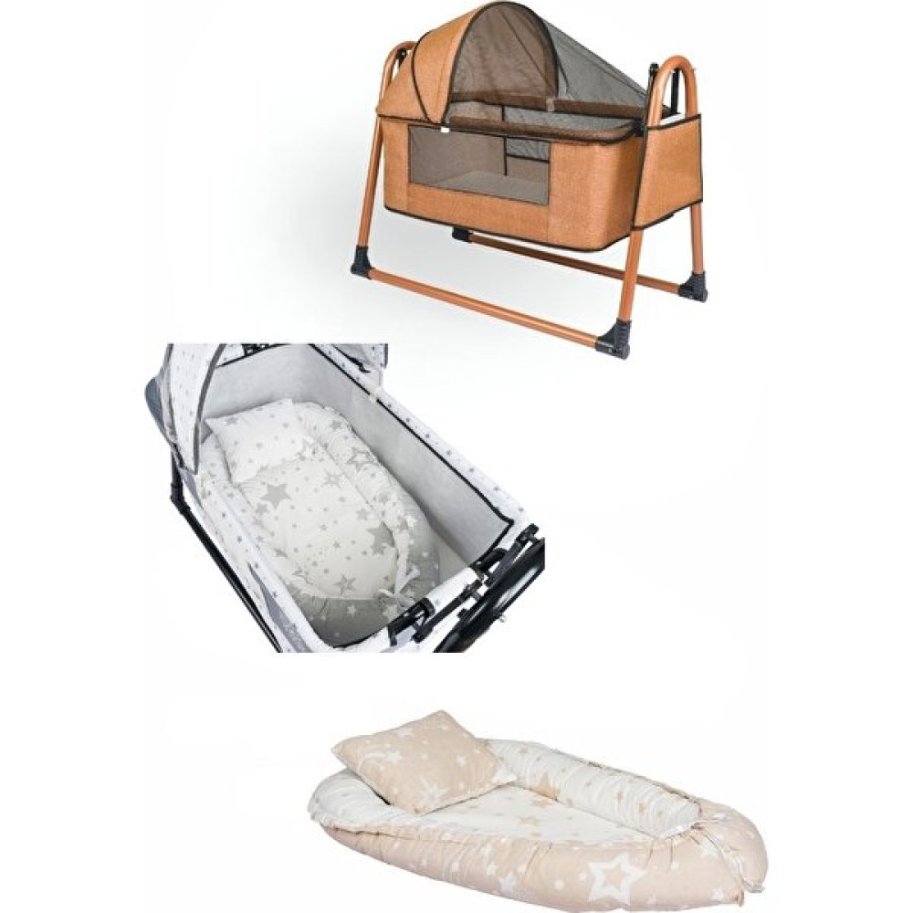 Bebetrend Babynest Yatak ve Yastık+ Sallanır Sepet Beşik Ipek Fileli Bebek Beşiği Hamak 2 Li Set - Bej Beşik Fiyatı