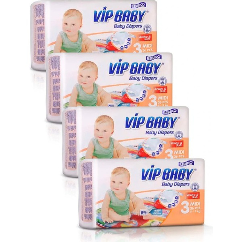 Bebiko Vip Baby Aylık Paket 3 Midi 36 Adet 4lü Set Bebek Bezi - 3 Beden, Midi (4 - 9 kg),36'lı Oto Boyaları Fiyatı