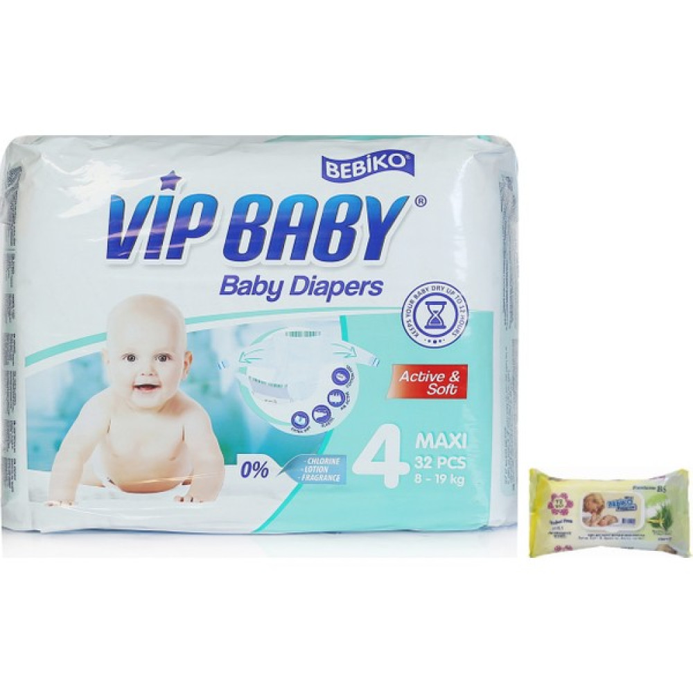 Bebiko Vip Baby Bebek Bezi Active & Soft Maxi 4 Beden 32 Adet Bebek Bezi Fiyatı