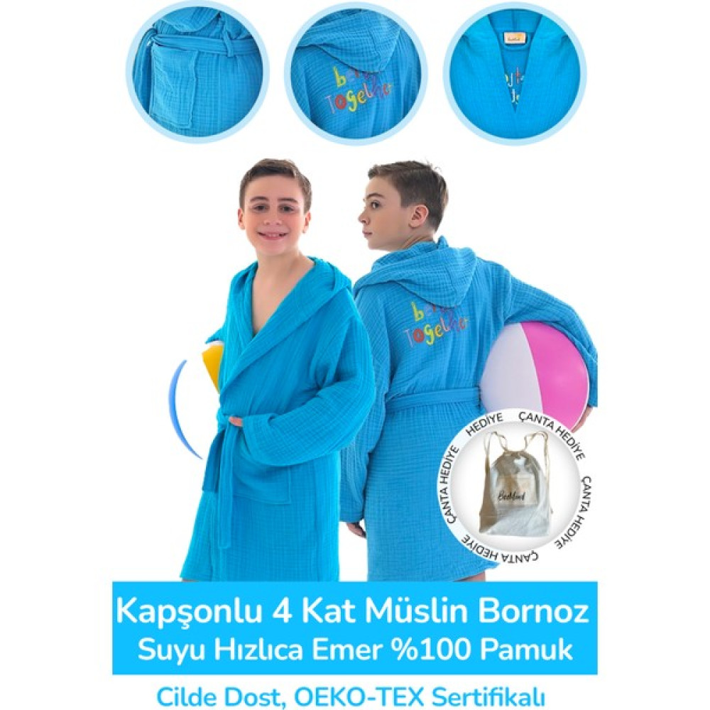 BeeMind Kapşonlu 4 Kat Müslin Çocuk Bornoz %100 Pamuk Kız Ve Erkek Çocuk Bornozu Blue Bee - Mavi - Gri - 4 - 6 Yaş Bornoz Fiyatı